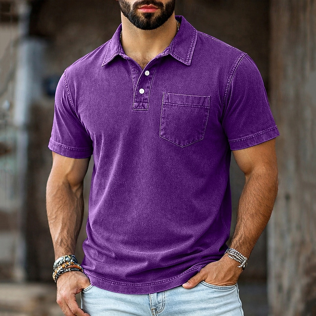 SoftFade™ Men's Polo Shirts 100% Cotton Acid Wash Shirt Casual Holiday Lapel Short Sleeve Fashion Basic Plain Vintage Plain Summer Spring Regular Fit Dark Brown Black Light Green Pink Navy Blue 2026 - $35.99 –P9