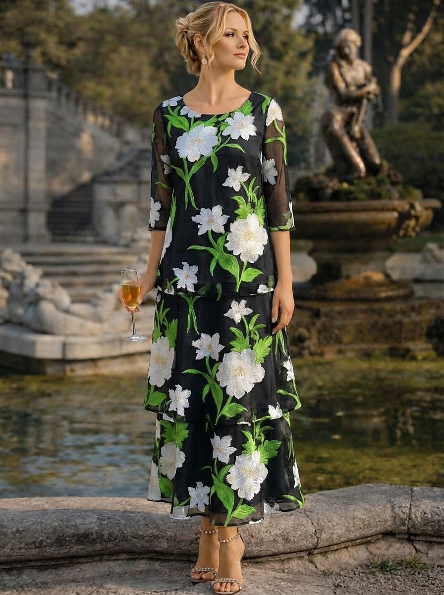 A-Linie Kleid Knöchellänge Partykleid Cocktailkleid Brautmutterkleid Halbarm Rundausschnitt Elegant Vintage Formell Hochzeitsgast Ferien Chiffon mit Blumenmuster Rüschen Stickerei 2026 - $183.99 –P10