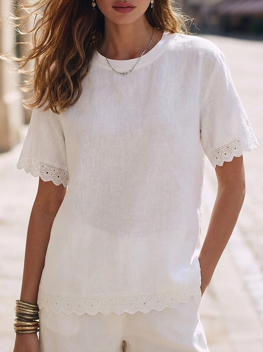 Women's Tee Top Lace Trims Solid Color Elegant Stylish Ethnic Short Sleeve Crew Neck Regular Tops Casual Daily Going out White Summer Spring 2026 - $26.99 –P1
