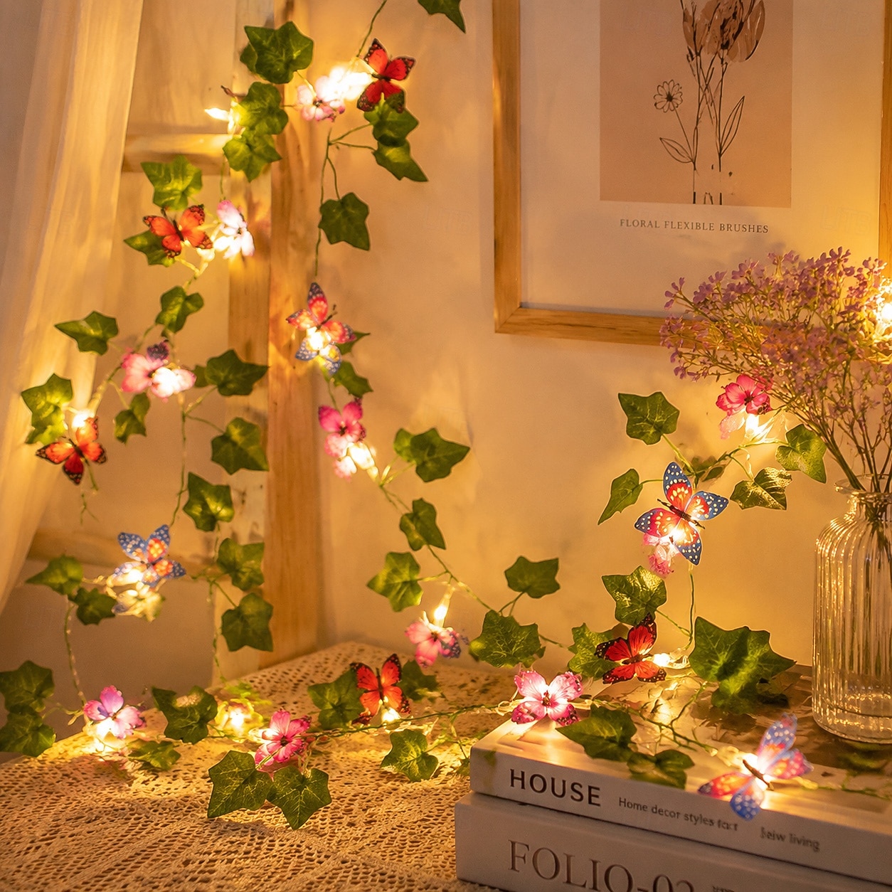 Lichterkette mit Schmetterlings-, Lilien- und Efeumotiven, für drinnen und draußen, geeignet für Wohnzimmer, Schlafzimmer, Terrasse, Garten, Hochzeiten und Partys, batterie-, kabel- oder 2026 - $10.99 –P24