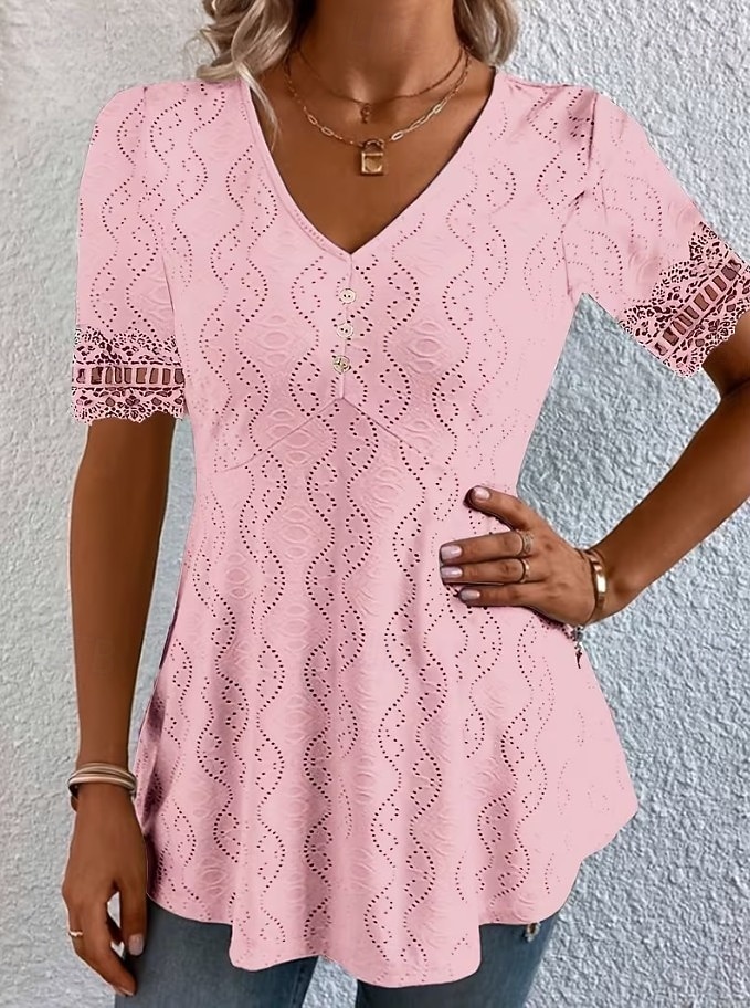 Per donna Blusa con texture Elegant Elegante Bohemien Vintage Manica Corta Scollo a V Top corti Casuale Quotidiano Uscire Albicocca rosa Nero Bianco Rosa Viola Estate Primavera del 2026 a $22.99 –P4