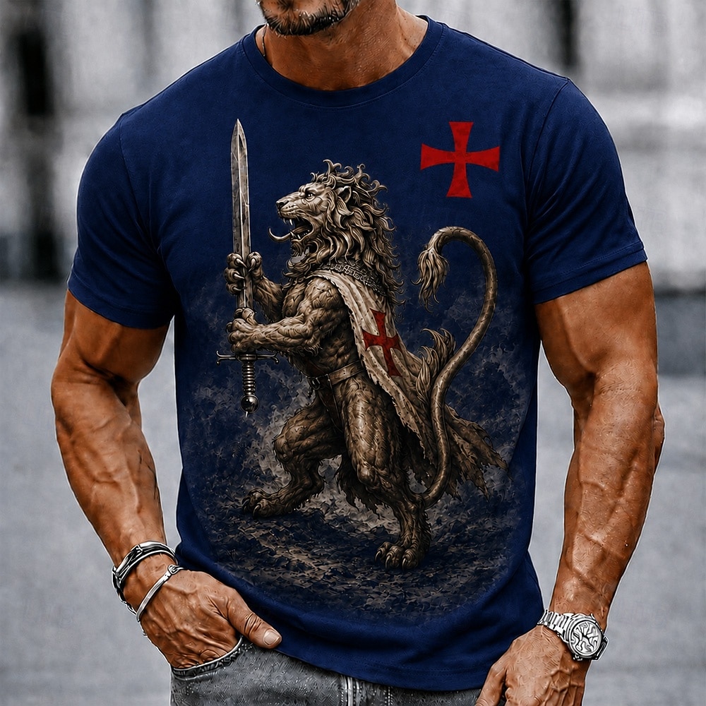 Herren Löwe Tempelritter Kreuz T Shirt Kurzarm T-Shirt 3D-Druck Rundhalsausschnitt Hemd Religiös Straße Dunkle Party Schwarz Burgunderrot Khaki Ganzjahres Bekleidung S M L XL XXL XXXL 2026 - $18.99 –P2