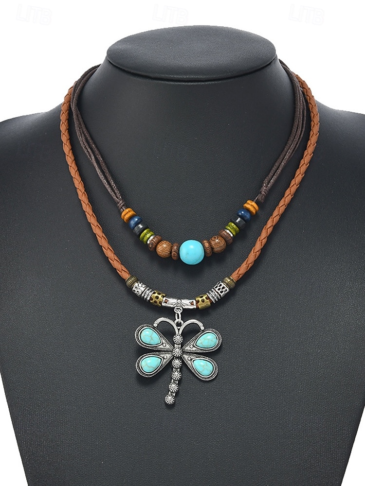 Damski naszyjnik w stylu boho z wisiorkiem w kształcie ważki, dwuwarstwowy choker ze skóry ze stopu metali, z turkusowymi koralikami, idealny na wakacje na plaży, letnie podróże i codzienne, codzienne 2026 - $11.99 –P4