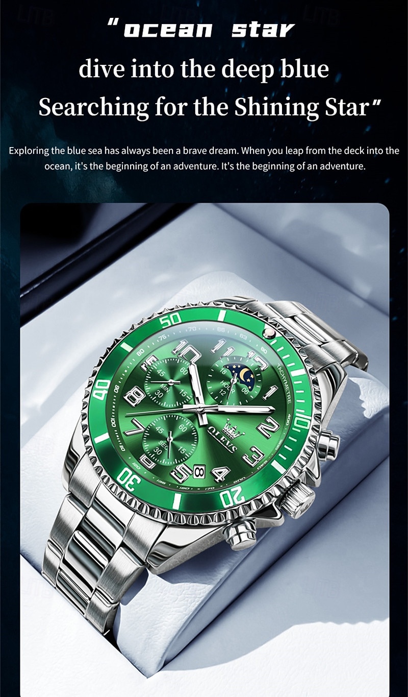 OLEVS Men's Chronograph Watch Luxury Green Face Two Tone Stainless Steel Moon Phase Waterproof Luminous Analog Quartz Wrist Watch for Men Big Face Fashion Sport Business Watch Gifts for Him 2026 - $39.99 –P8