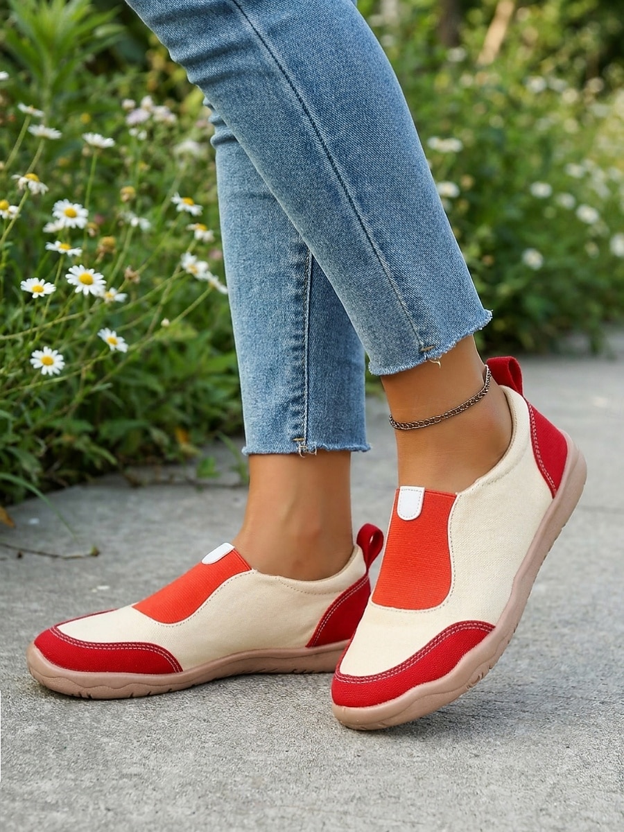 Women's Red Canvas Slip-On Sneakers - Light Weight Color Block Casual Shoes, Wide Toe Box Non-Slip Footwear for All-day Comfort, Walking & Travel 2026 - $34.99 –P1