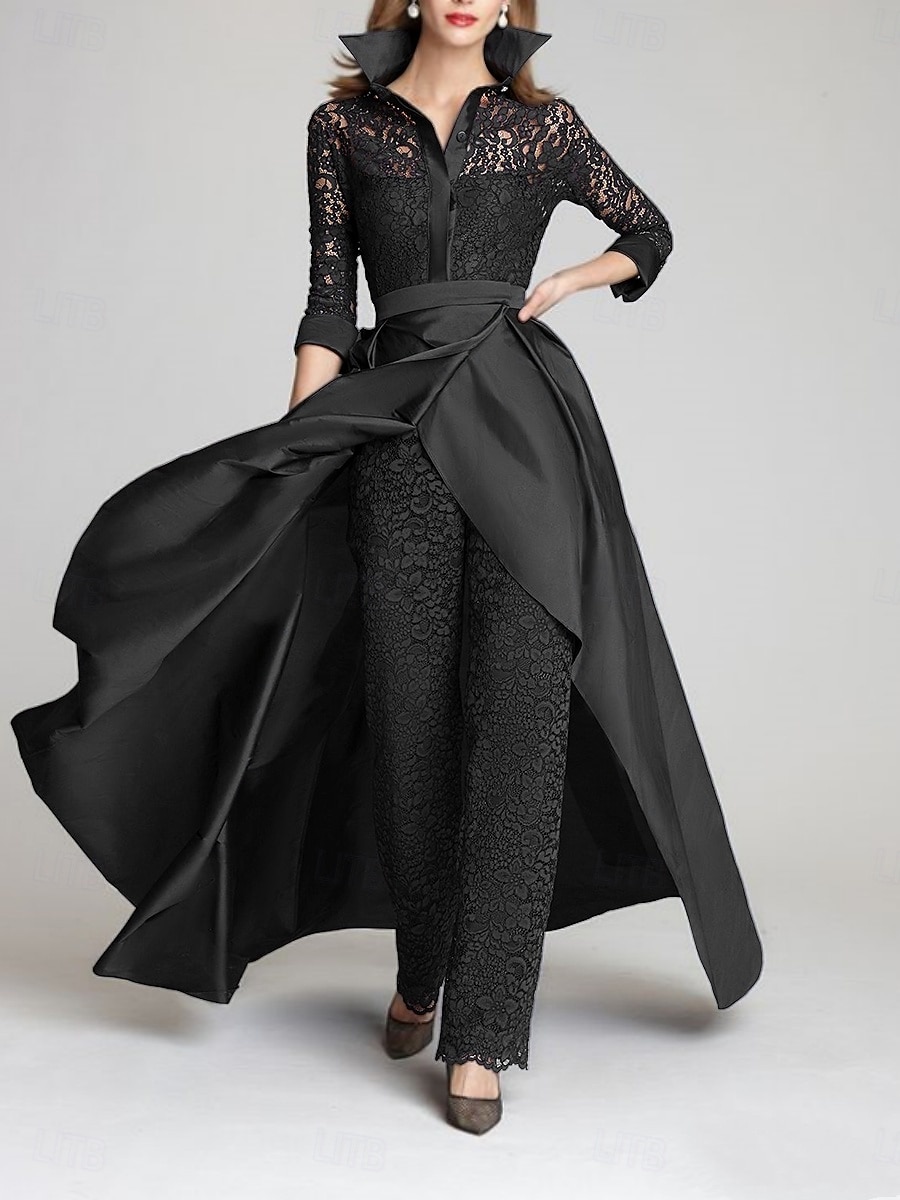 Pantaloni Lungime Podea Rochie Mama Miresei Lungime Manșon 3/4 Guler Cămașă Epocă Petrecere Oficial Invitat la nunta Seară Formală Satin Dantelă cu Ruching 2026 - $206.99 –P4