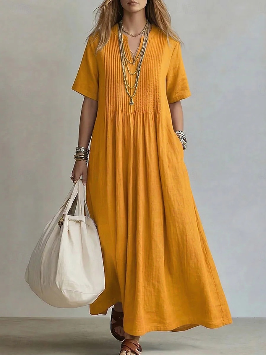abito lungo da donna elegante stile bohémien boho con pieghe, scollo a V, maniche corte, vestibilità ampia, tinta unita, blu chiaro, azzurro, giallo, verde chiaro, estate primavera del 2026 a $15.49 –P4
