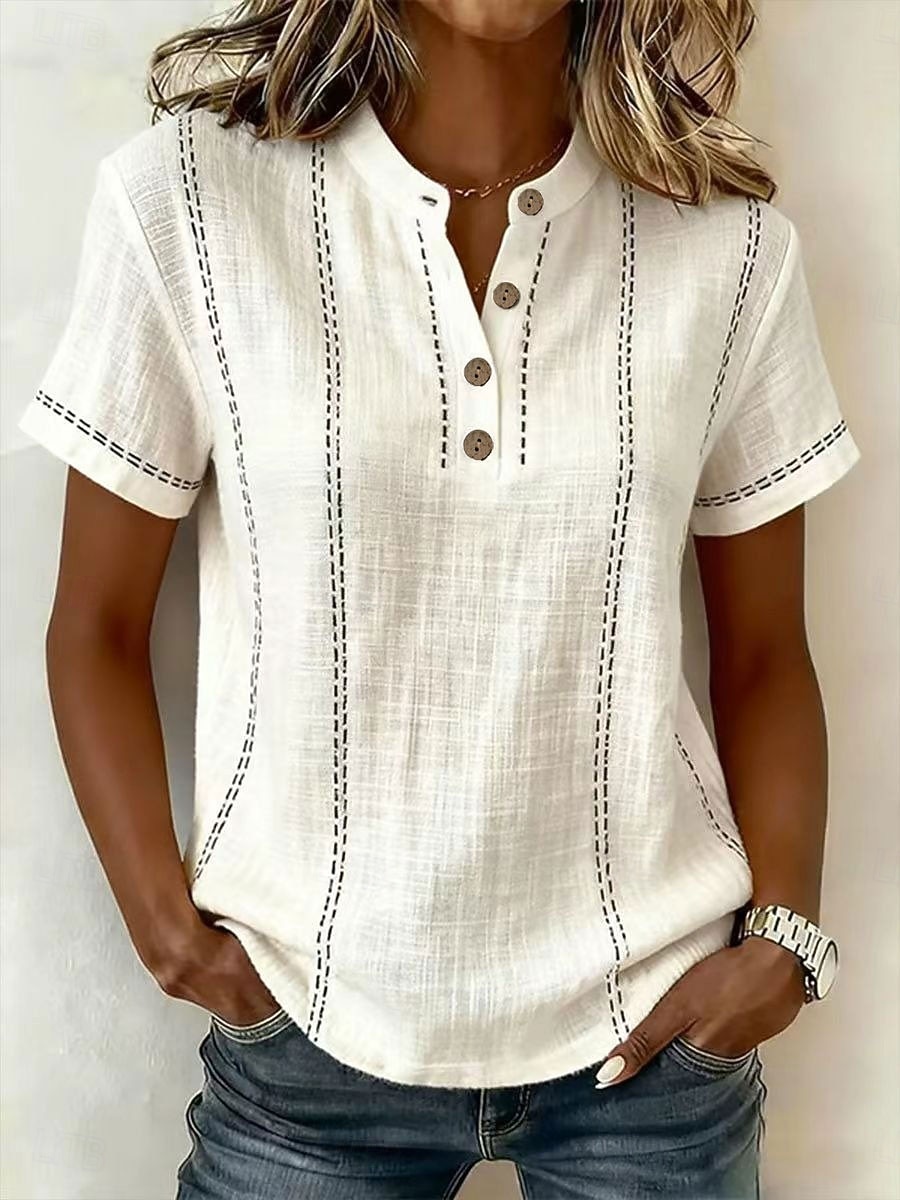Femmes T-shirt Chemise Henley Boutons Rayé Mode Manche Courte Henley Hauts Réguliers Occasionnel Plage Été Blanche Vert Claire bleu marine Bleu Ciel Orange Été Printemps de 2026 ? $10.99 –P7
