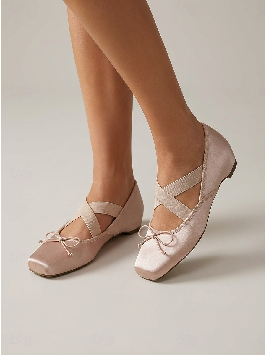 Women's Champagne Pink Satin Ballet Flats - Elegant Square Toe Mary ...