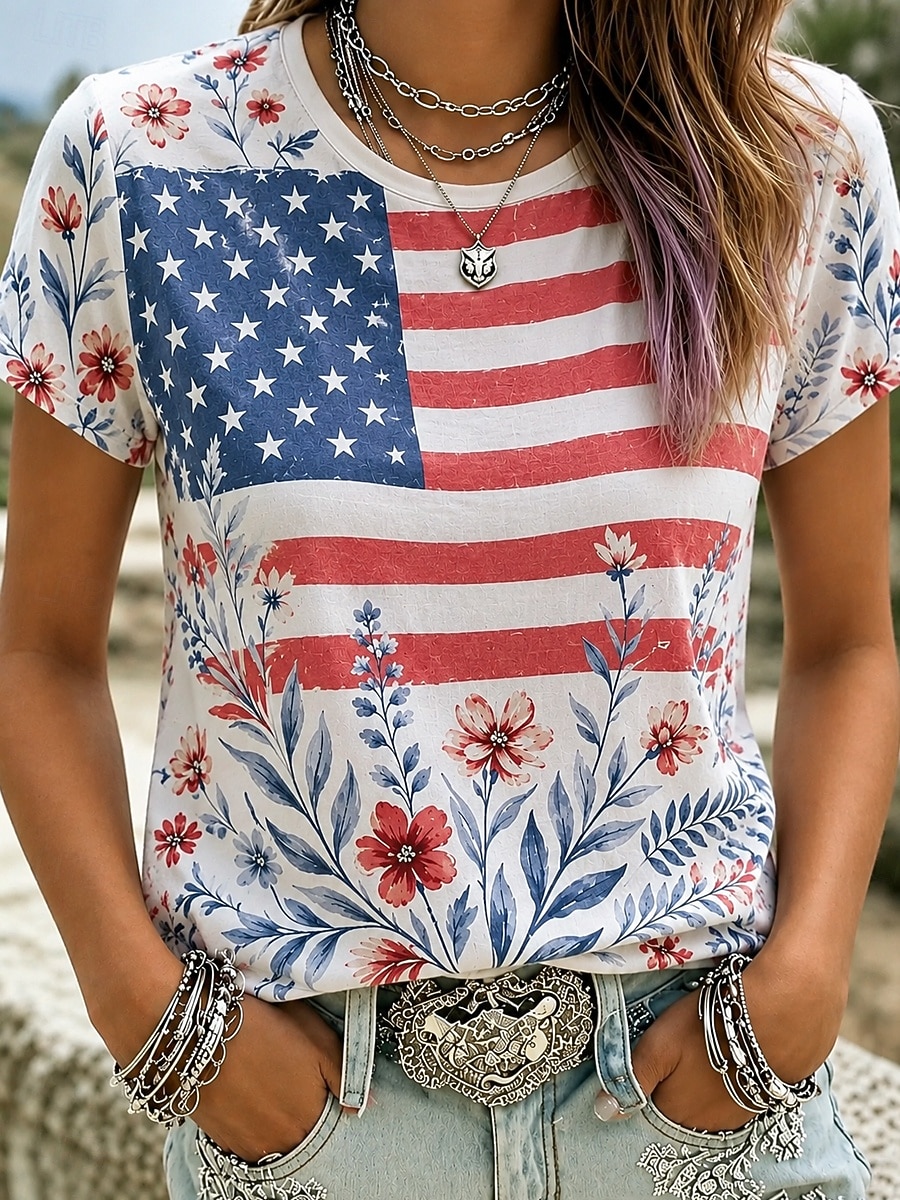 American Independence Day Women's T Shirt Print Graphic American Flag Vintage Fashion Casual Short Sleeve Crew Neck Regular Tops Casual Daily Weekend Blue Red Summer Spring 2026 - $21.99 –P1