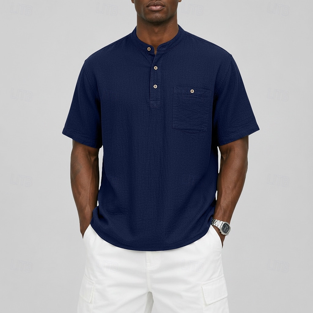 Men's Tee Linen T-Shirt Short Sleeve Solid Color Plain Vacation Pocket Buttons Henley Casual Daily Outdoor Summer Spring &  Fall Light Blue Navy Blue Khaki Henley T-Shirt 2026 - $23.99 –P6