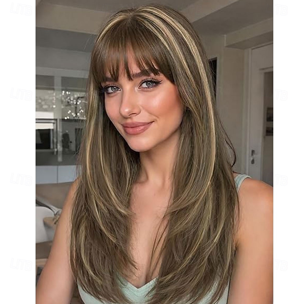 Parrucca bionda ombre con frangia per donna, parrucca liscia a strati di media lunghezza, naturale, ideale per feste e occasioni speciali. del 2026 a $34.99 –P5