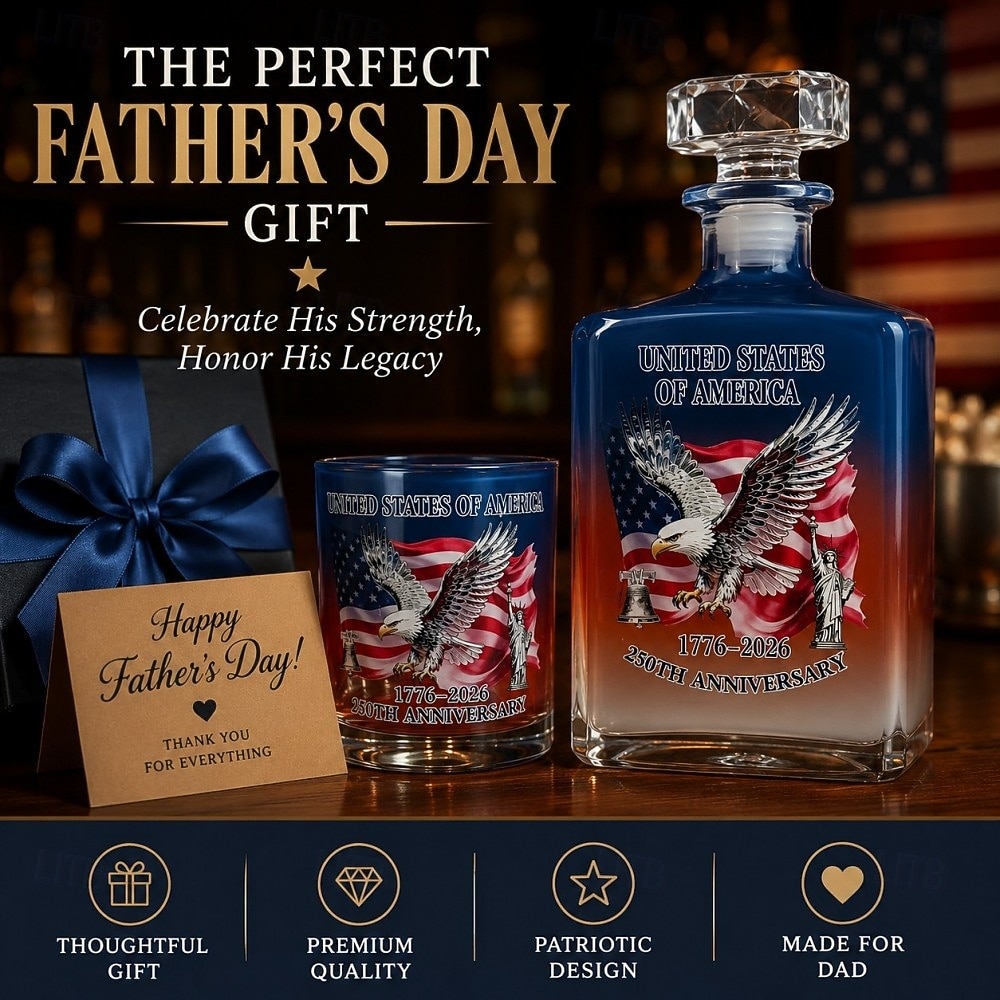 USA 250. évfordulós whiskysüveg &pohárkészlet, hazafias amerikai dekantáló ajándékkészlet sas zászló mintával, 1776-2026 limitált kiadású bourbon skót likőrös üveg és whiskyspohár férfiaknak, apa 2026 - $32.99 –P3