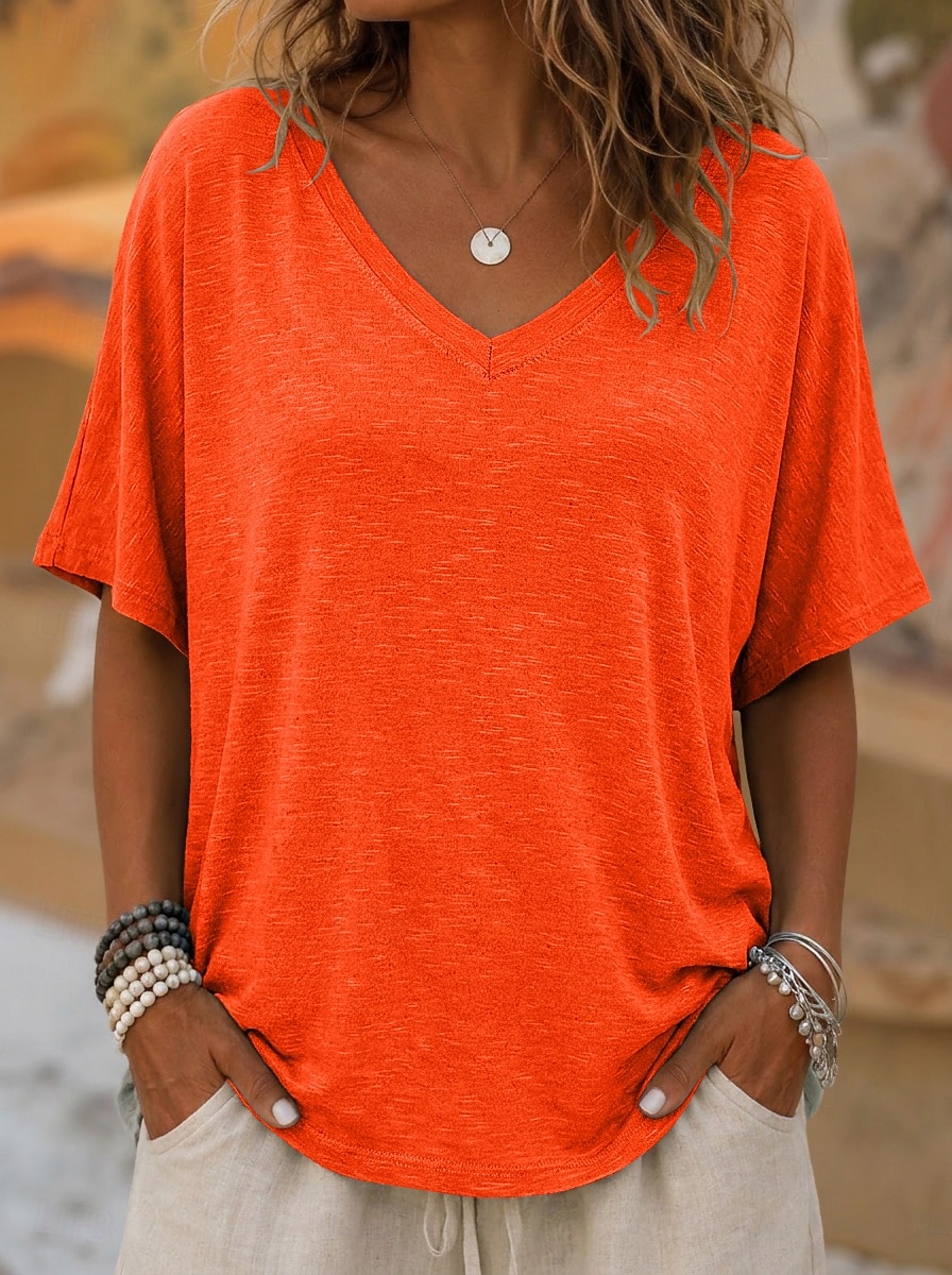 Women's T Shirt Tee Top Solid Color Stylish Casual Short Sleeve V Neck Regular Tops Daily Summer Vacation Wear Blue Khaki White Orange Coffee Summer Spring 2026 - $19.99 –P2