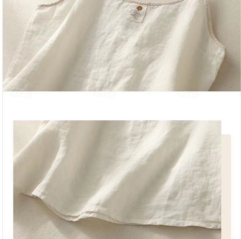 Women's Shirt Blouse Embroidered Solid Color Plain Vintage Sleeveless Scoop Neck Crop Tops Coffee brown Hemp natural color Navy Blue Apricot Summer Spring 2026 - $12.99 –P5