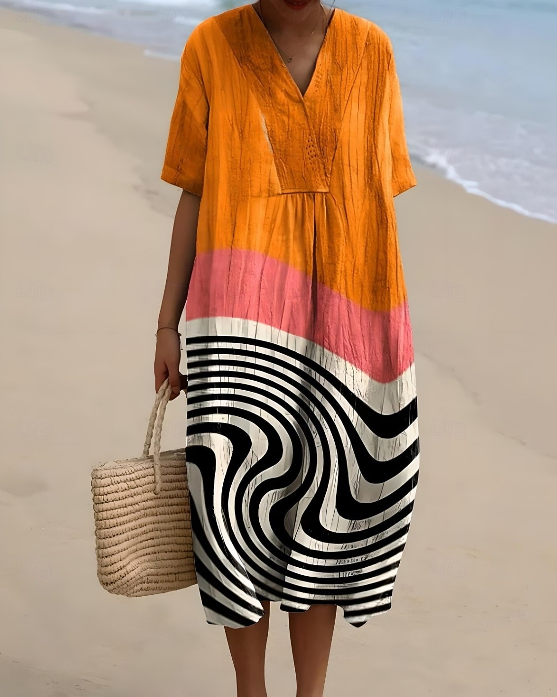Per donna Abito Midi Vestito Estivo Abito a trapezio Vacanza Casual Spiaggia Spiaggia Feste Vestibilità comoda Grafico Geometrico Manica Corta Scollo a V Rosa Arancione Arcobaleno Estate Primavera del 2026 a $39.99 –P3