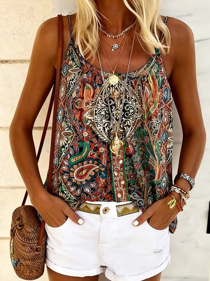 Damen Hemd Bluse Druck Grafik Geometrisch Paisley-Muster Bohemien Vintage Tropisch Ärmellos Träger Normale Oberteile Lässig Täglich Khaki Rote Dunkelgrün Purpur Braun Sommer Frühling 2026 - $21.99 –P6