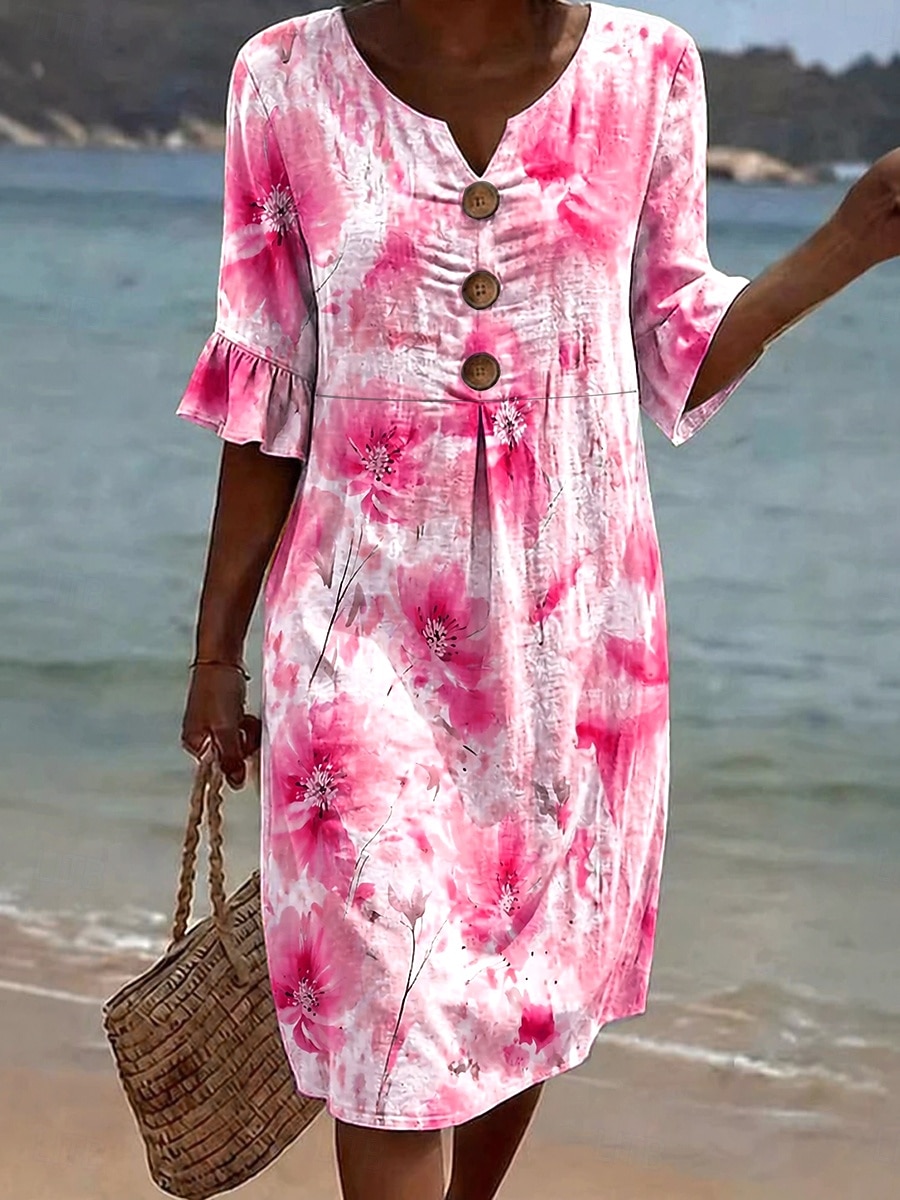 Women's Knee Length Dress Casual Dress A Line Dress Elegant Vacation  Stylish Beach Holiday Regular Fit Floral Graphic Half Sleeve V Neck Blue  Yellow Pink Summer Spring 2026 - $44.99
