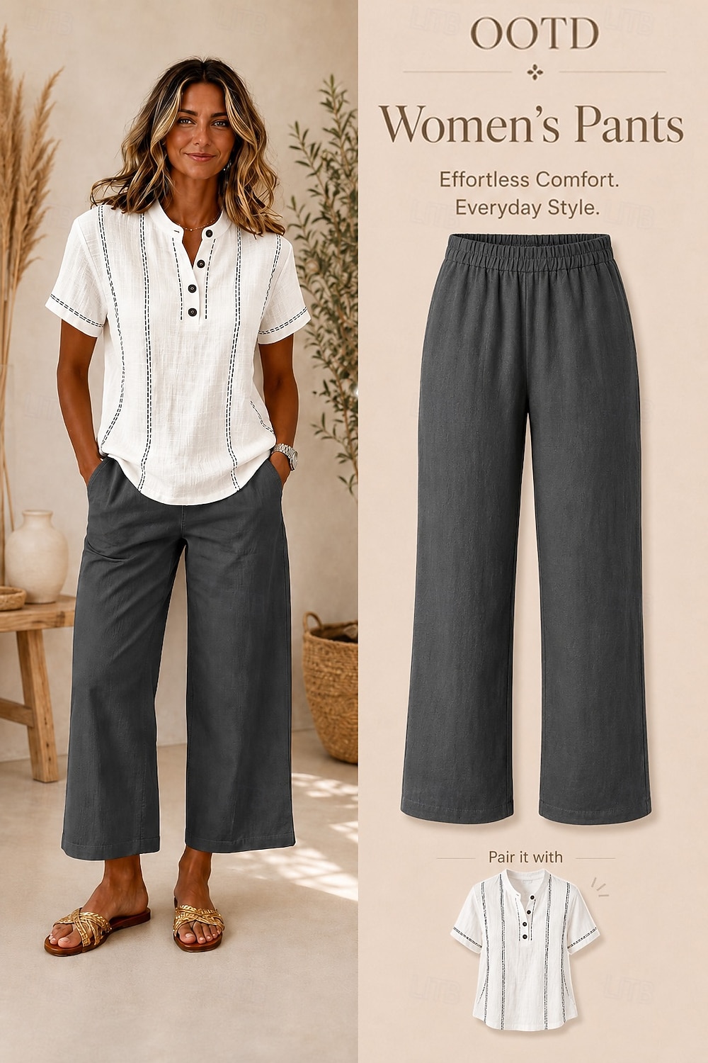 Women's Wide Leg Trousers Casual Pants Vacation Fashion Streetwear Full Length High Waist Plain Pocket Elastic Waist Comfortable Breathable Inelastic Daily Vacation Street Light Gray Dark Grey Black 2026 - $10.49 –P1