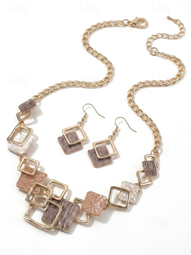 Women's Bohemian Geometric Square Jewelry Set, Gold Alloy Enamel Necklace & Drop Earrings, Colorful Modern Statement Accessories for Vacation, Travel and Daily Casual Wear 2026 - $14.99 –P9