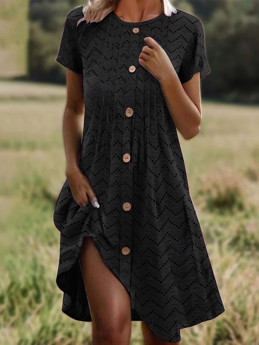 Women's Knee Length Dress Casual Dress Summer Dress Eyelet Dress Fashion Modern Beach Vacation Regular Fit Geometric Short Sleeve Crew Neck Black Yellow Purple Orange Summer Spring 2026 - $26.99 –P5
