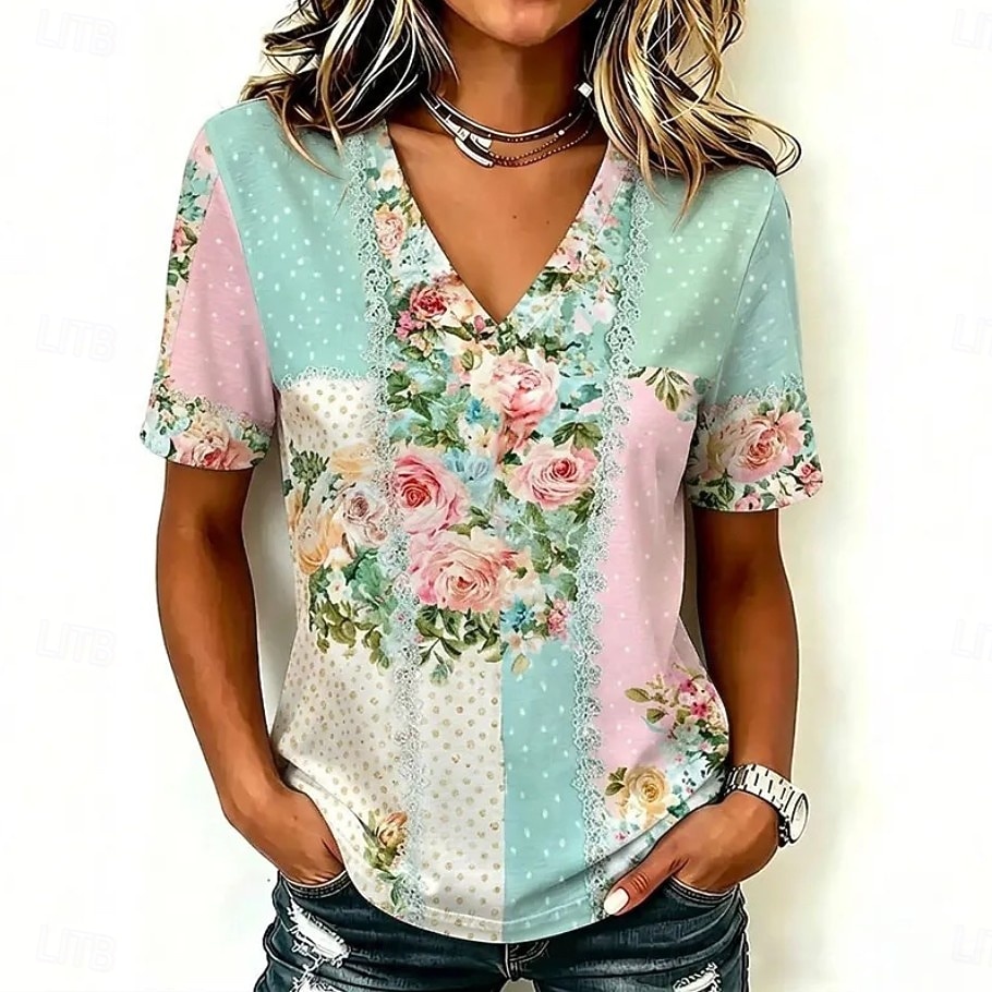 Women's T Shirt Print Striped Floral Graphic Striped Stylish Classic Casual Short Sleeve V Neck Regular Tops Casual Daily Red Green Summer Spring 2026 - $21.99 –P1