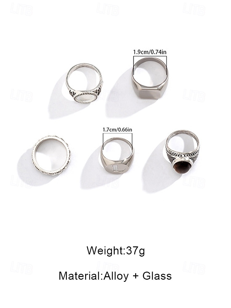 Men's Boho Vintage Ring Set - 5-Piece Silver Alloy Geometric Rings with Faux Gemstones, Ethnic Stackable Knuckle Rings for Travel Vacation, Daily Casual Wear & Gothic Jewelry Gift 2026 - $11.99 –P6