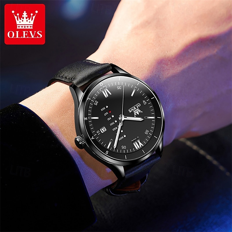 OLEVS Men's Luxury Watch Business Fashion Quartz Wristwatch Waterproof Leather Strap Blue Sunray Dial with Unique Day Date Display Luminous Hands Roman Numerals Dress Watch for Male Gift 2026 - $31.99 –P16