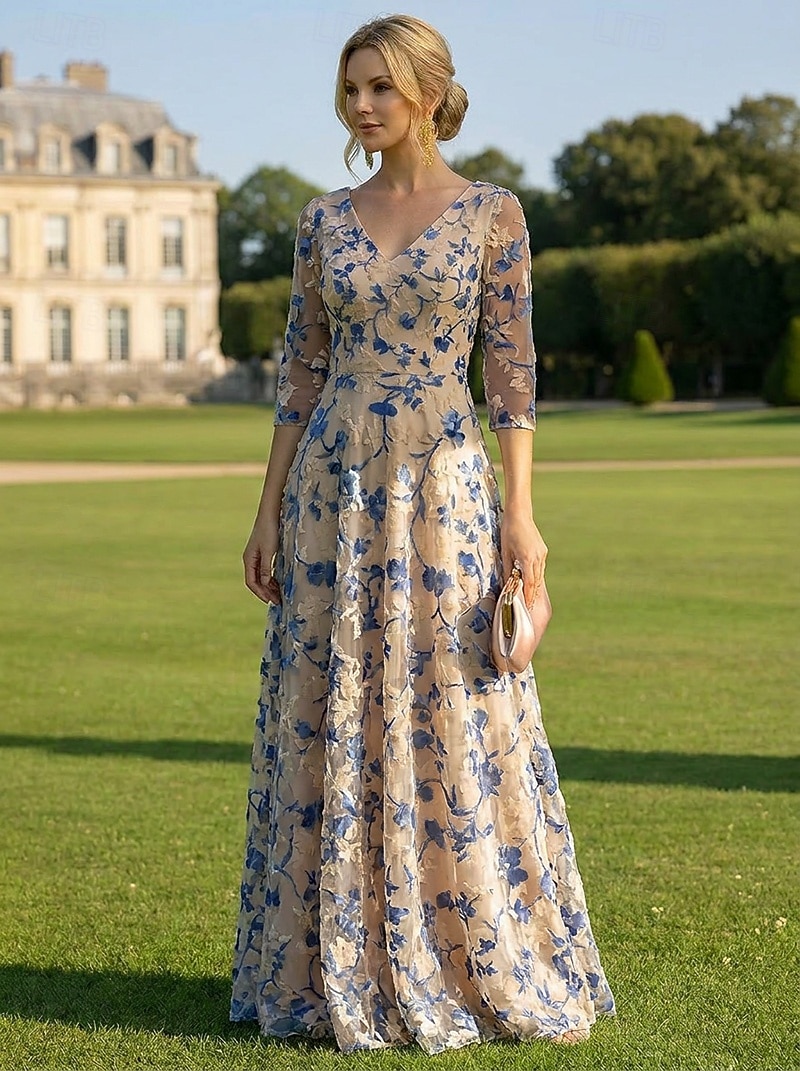 A-Line Dress Floor Length Mother of the Bride Dress 3/4 Length Sleeve V  Neck Elegant Vintage Luxurious Formal Wedding Guest Semi Formal Burnout  Velvet with Color Block 2026 - CAD $298.99