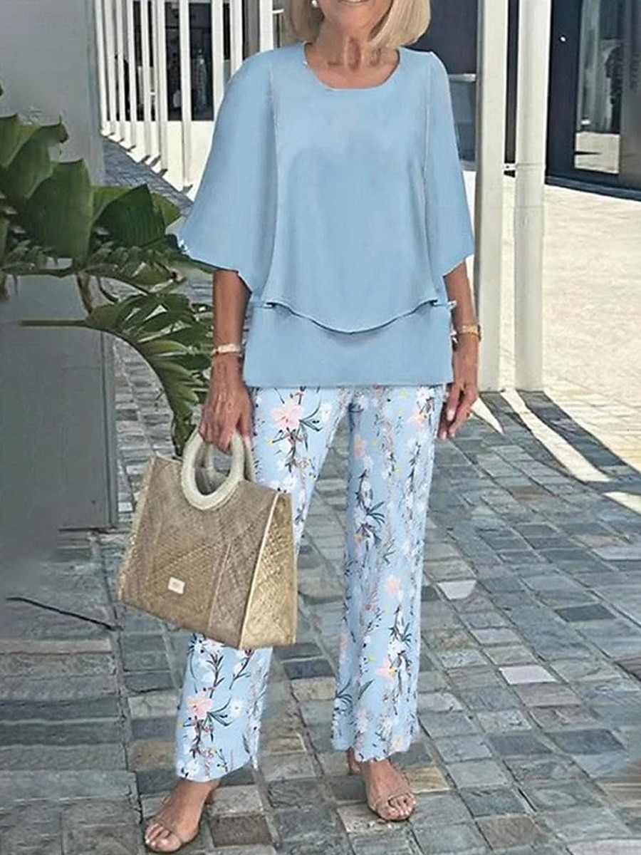 Women's Two Piece Sets Pants Sets Half Sleeve Butterfly Sleeve Round Neck Floral Graphic Ruffle Print Elegant Vacation Casual Daily Beach Blue Pink Purple Spring & Summer Loose Fit 2026 - $51.99 –P1