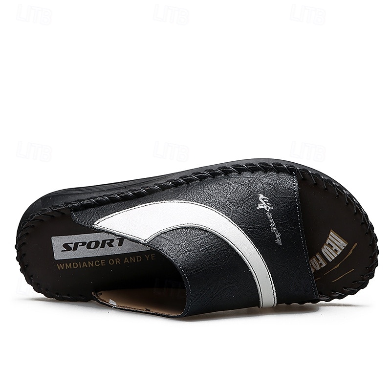 Sandálias masculinas bicolor pretas e brancas, modelo slide, com bico aberto, costuradas à mão, confortáveis e casuais para o verão, ideais para uso diário, férias, em casa e momentos de lazer ao ar livre. de 2026 por $34.99 –P5