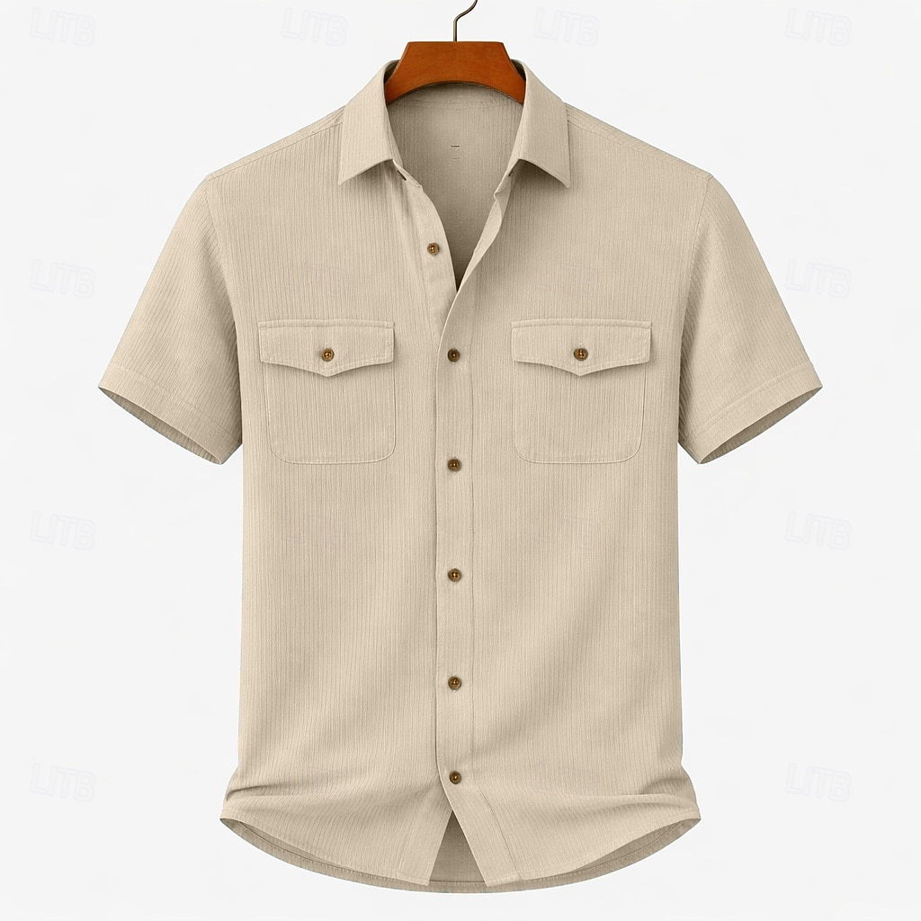 Men's Shirt Casual Shirt Corduroy Shirt Button Up Shirt Black White Yellow Navy Blue Brown Short Sleeve Plain Shirt Collar Casual Daily Front Pocket Clothing Apparel Elegant Fashion Casual 2026 - $24.99 –P3