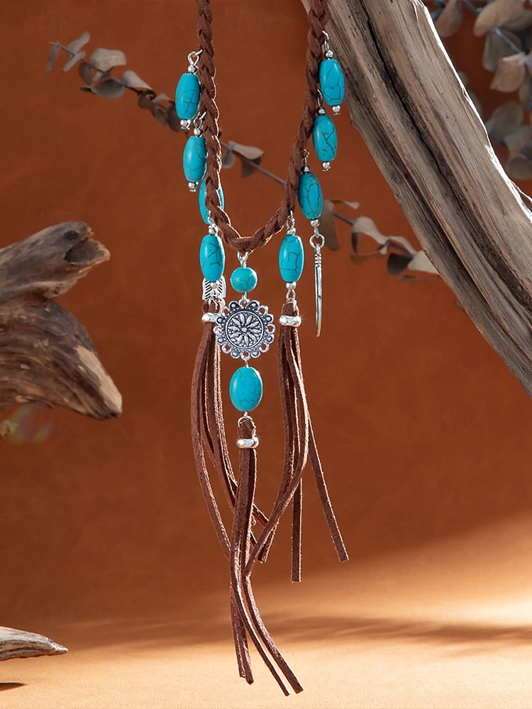 Women's Bohemian Alloy Turquoise Tassel Necklace, Statement Fringe Pendant Jewelry for Music Festival, Beach Vacation, Daily Casual Wear 2026 - $11.99 –P5