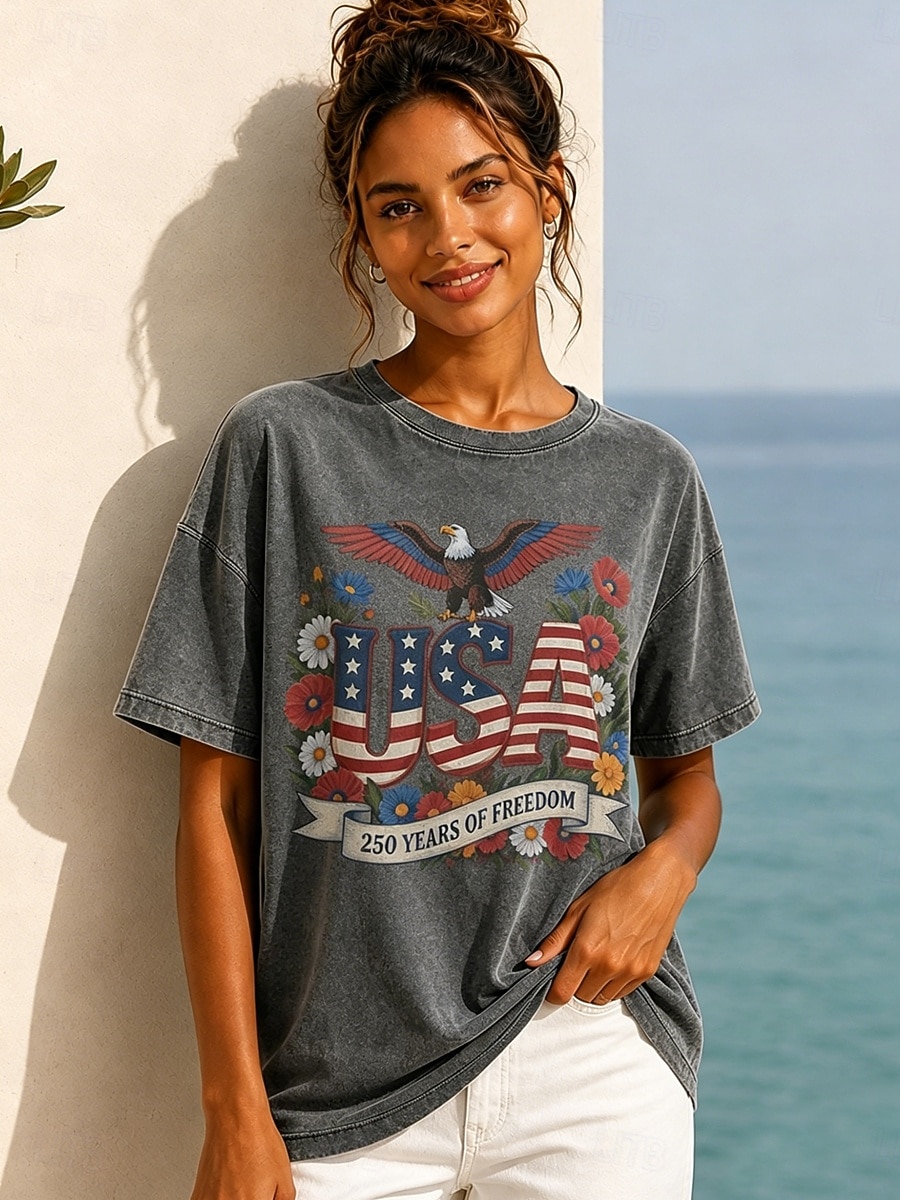 Amerikaanse onafhankelijkheidsdag Dames 100% Katoen T-shirt Vintage gewassen tops Afdrukken Grafisch Brief Vintage Modieus Stijlvol Korte mouw Strakke ronde hals Normale tops Casual Dagelijks blauw 2026 - $33.99 –P5