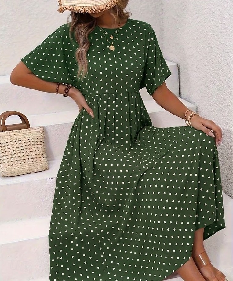 Damen Midikleid Freizeitkleid T-Shirt-Kleid A Linie Kleid Elegant Mode Modern Outdoor Urlaub Ausgehen Normale Passform Tupfen Kurzarm Rundhalsausschnitt Blau Gelb Rosa Grün Sommer Frühling 2026 - $7.99 –P2