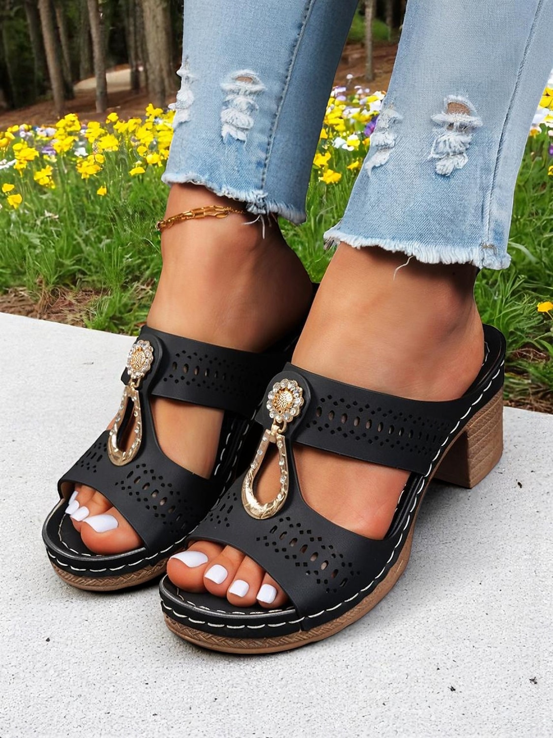 sandálias mule femininas de salto grosso – design com strass vazado, decoração com fivela retrô, sola confortável, para caminhadas ao ar livre, jardim e roupas casuais de verão de 2026 por $19.99 –P5