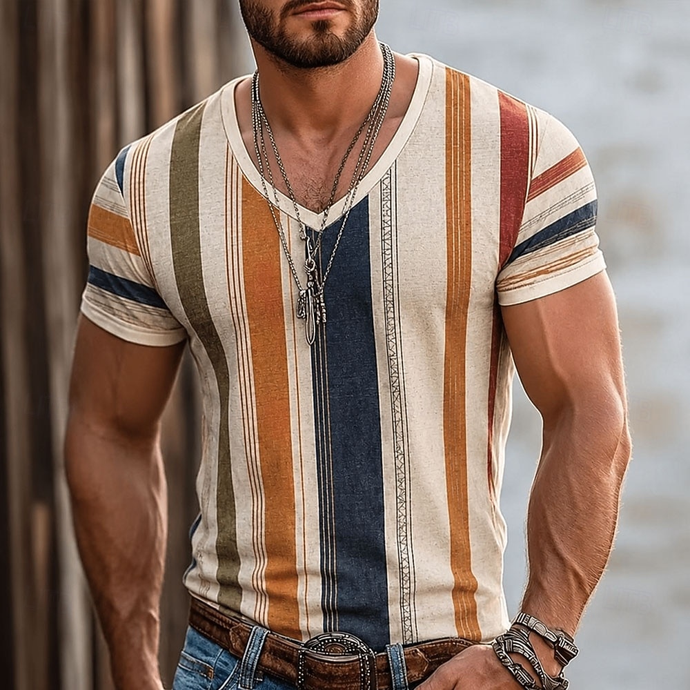 Men's Color Block Stripes T Shirt Short Sleeve T shirt 3D Print V Neck Shirt Vacation Casual Daily Holiday Red Orange Brown Spring & Summer Clothing Apparel S M L XL XXL XXXL 2026 - $18.99 –P1