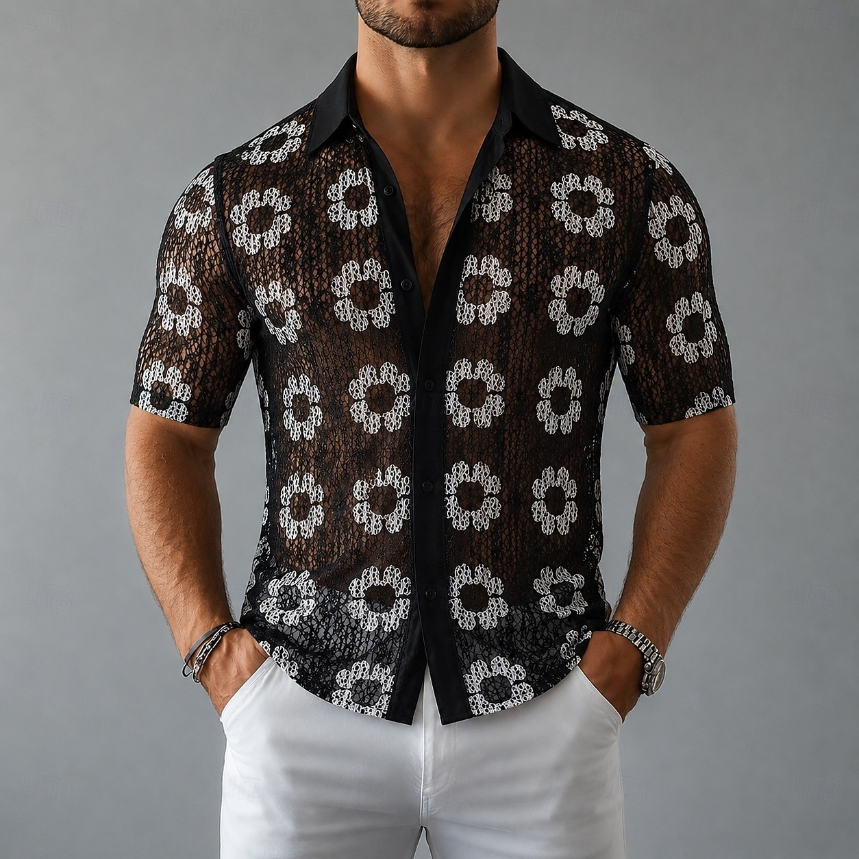 Herr Skjorta Casual skjorta Knapp upp skjorta Jacquardskjorta Svart Kortärmad Slät Tröjkrage Ledigt Dagligen Hål Kläder Elegant Mode Ledigt 2026 - $27.99 –P1