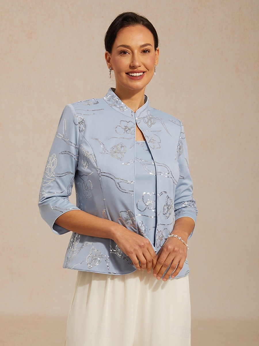 Dam Jakke Dressiga toppar Tvillingset Paljetter Blommig Elegant 3/4 ärm Kraghalsband Vanliga toppar Festkvällskläder Högtidskläder Cocktailklädsel Dammig blå Sommar Vår Höst 2026 - $121.99 –P3