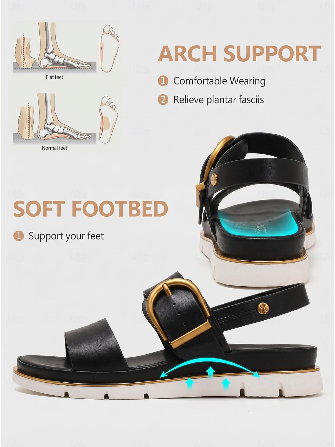 Zwarte comfortabele damessandalen met voetboogondersteuning - lichtgewicht, comfortabele sandalen met gespband en antislipzool voor de hele dag, ideaal om te wandelen en te reizen. &vrijetijdskleding 2026 - $34.99 –P2