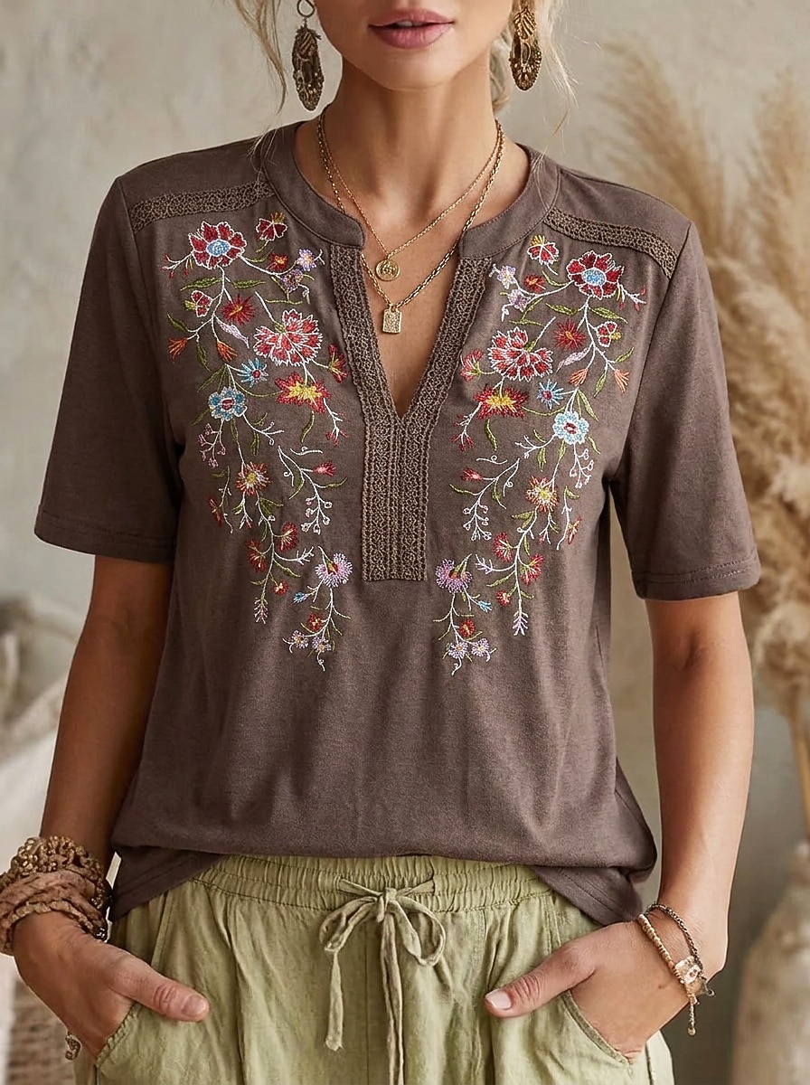 Femmes Chemisier Hauts en dentelle Chemises brodées Dentelle Broderie Fleuri ancien Boho Manche Courte Col en V Hauts Réguliers Occasionnel Fête Été Noir Vert Véronèse bleu marine Violet Marron Ét de 2026 ? $22.99 –P1