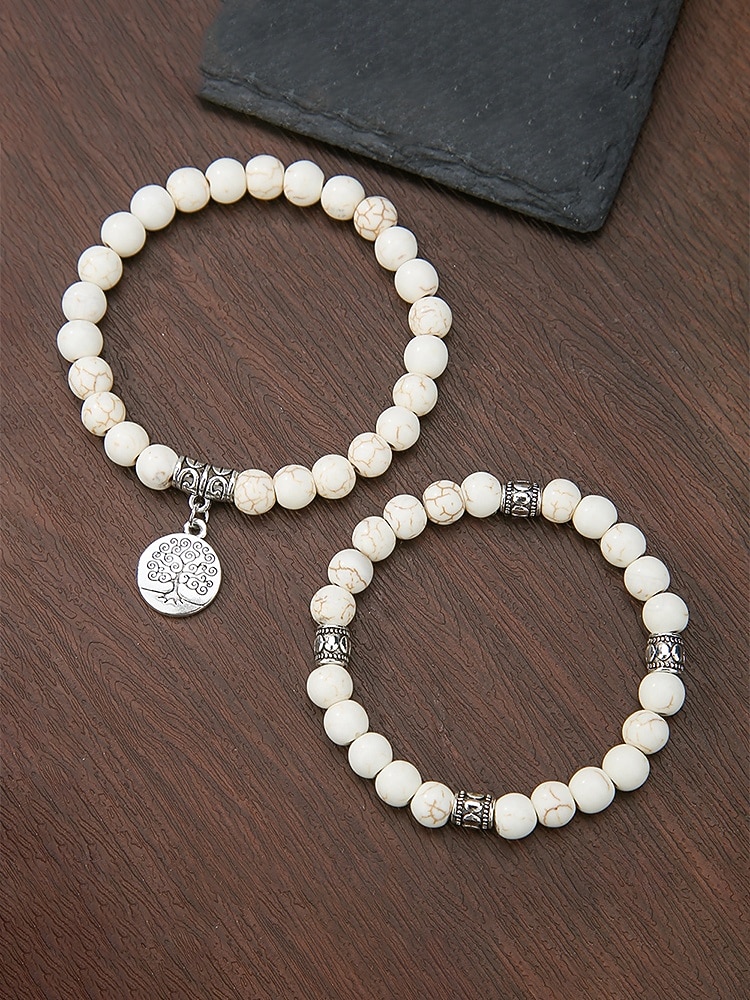 Pánská sada náramků v boho stylu s tyrkysovou barvou - 2dílné korálkové náramky s přívěskem strom života, etnická slitina &Stohovatelné šperky z přírodních kamenů na cesty a dovolenou &denní nošení 2026 - $7.99 –P7