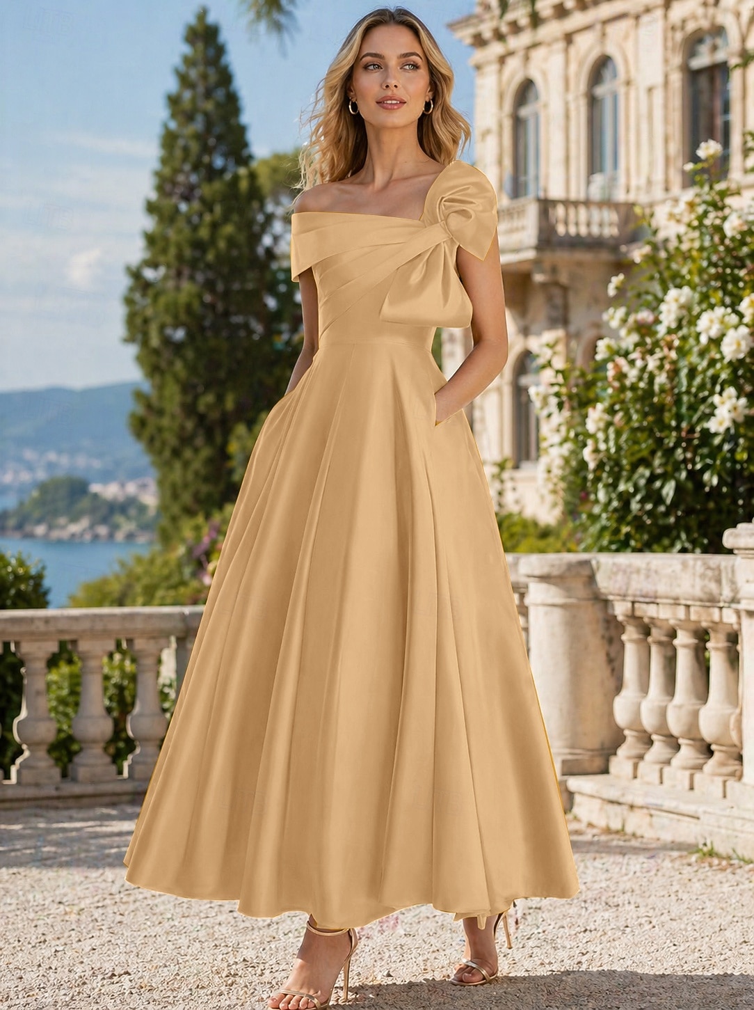 A-Line Ankle Length Cocktail Dresses Party Dresses Elegant Silky Short Sleeve One Shoulder Wedding Formal Pink Dress Satin with Bow(s) 2026 - $149.99 –P9
