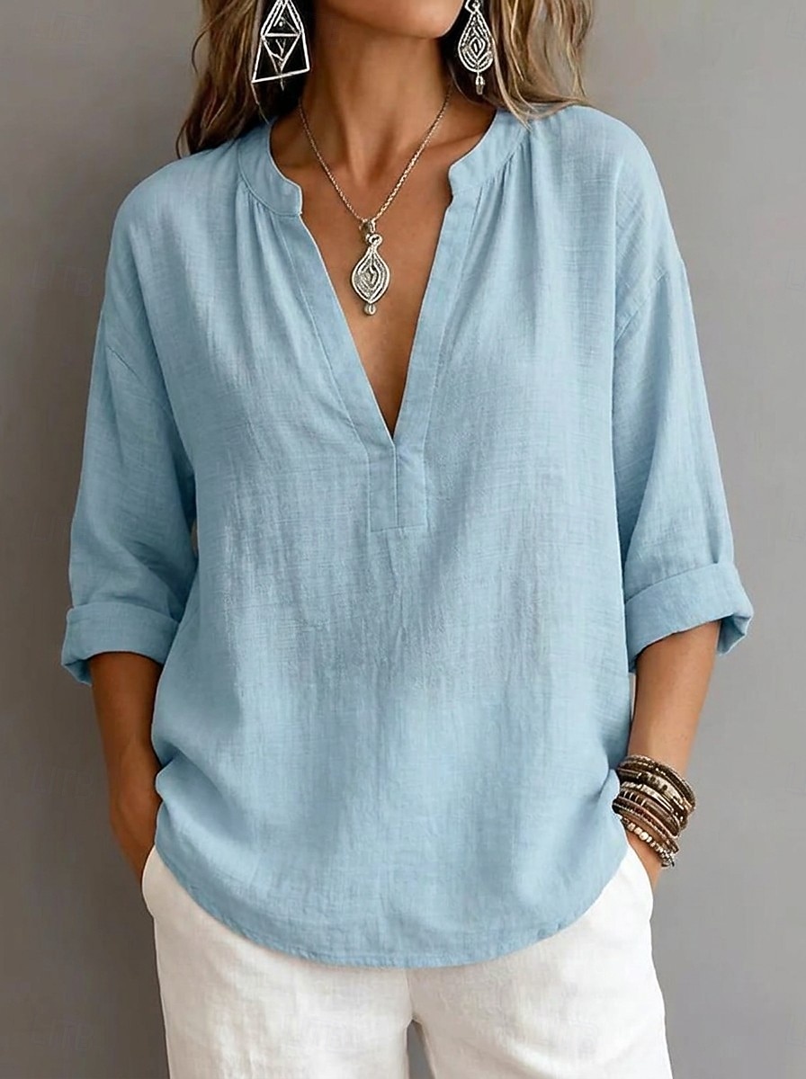 Women's Shirt Blouse Solid Color Vacation Stylish 3/4 Length Sleeve V Neck Regular Tops Casual Daily Blue Black White Pink Summer Spring 2026 - $25.99 –P1
