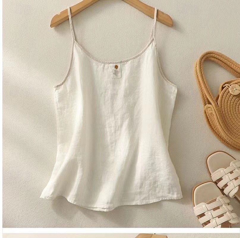 Women's Shirt Blouse Embroidered Solid Color Plain Vintage Sleeveless Scoop Neck Crop Tops Coffee brown Hemp natural color Navy Blue Apricot Summer Spring 2026 - $12.99 –P2