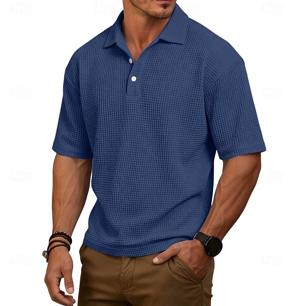 Homens Camisas Polo Waffle Textura Casual Rua Lapela Manga Curta Básico Moderno Tecido Leve Botões Verão Primavera Ajuste Largo Azul Preto Branco Verde Claro Vinho Azul Marinha Camisas Polo Waffle de 2026 por $21.99 –P7