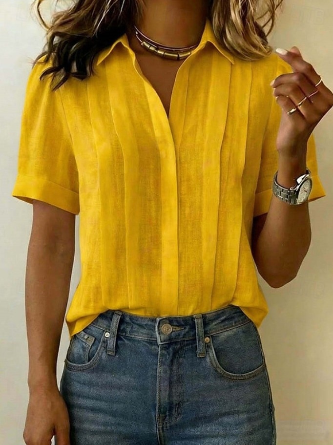 Mulheres Blusa Pregueado Botões Côr Sólida Tecido Vintage à moda Casual Manga Curta Colarinho de Camisa Tops regulares Casual Diário Azul Branco Amarelo Rosa Azul Marinha Verão Primavera de 2026 por $22.99 –P7