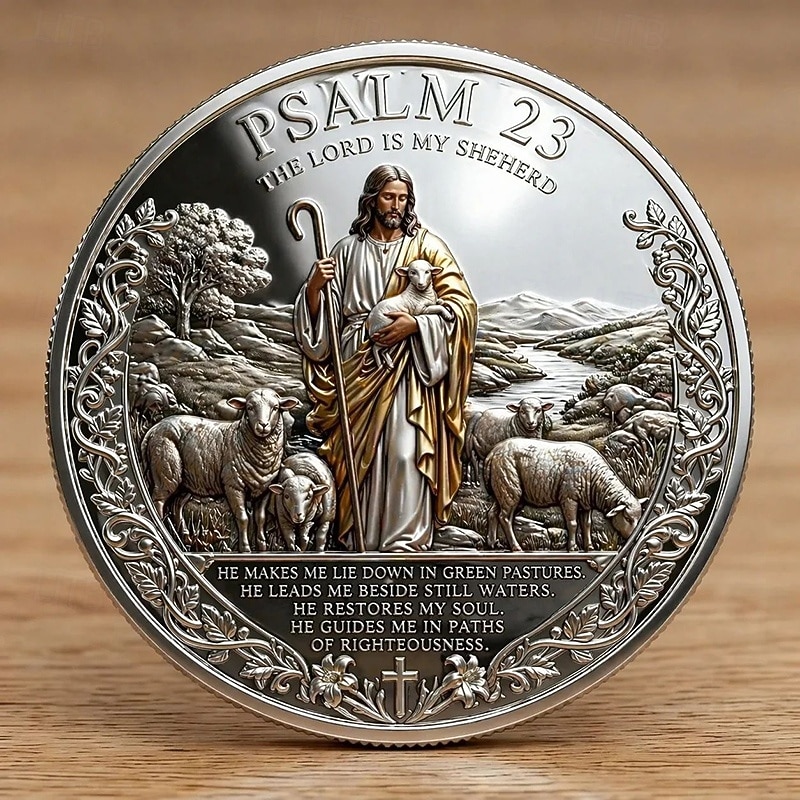 Pièce commémorative biblique, inspirée du psaume 23 et ornée d'un berger, jeton religieux inspirant à glisser dans sa poche pour la prière, le baptême, l'église ou comme souvenir chrétien. de 2026 ? $16.99 –P2