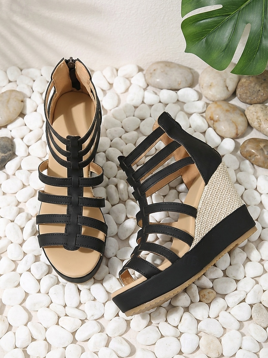 Women's Black Gladiator Wedge Sandals - Elegant Multi-Strap Platform Heels with Woven Texture for Outdoor Resort Vacations, Summer Music Festivals & Tropical Night Outs 2026 - $29.99 –P2
