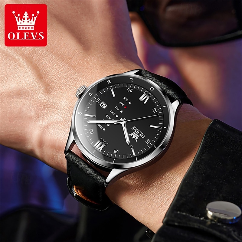 OLEVS Men's Luxury Watch Business Fashion Quartz Wristwatch Waterproof Leather Strap Blue Sunray Dial with Unique Day Date Display Luminous Hands Roman Numerals Dress Watch for Male Gift 2026 - $31.99 –P20